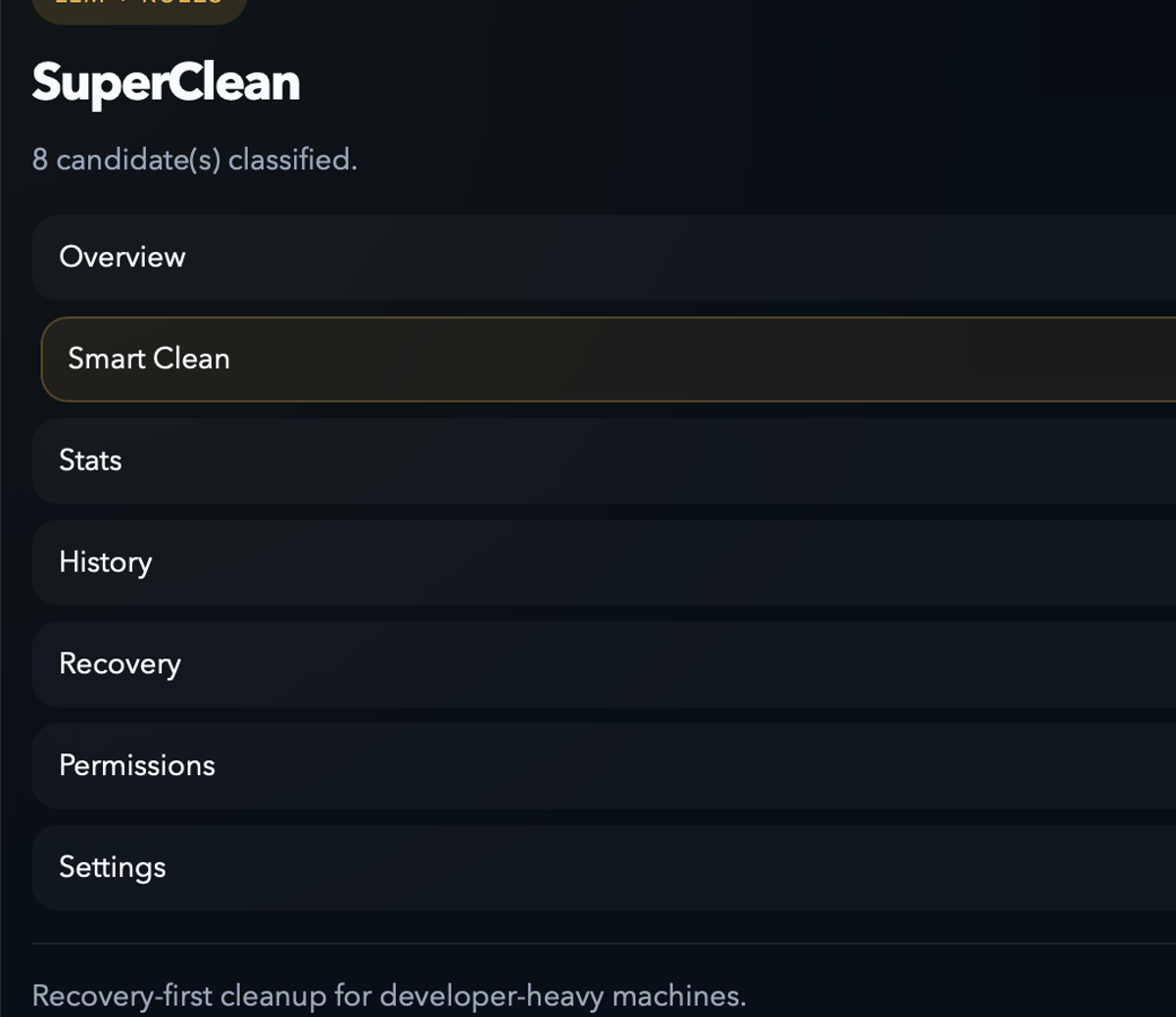لقطة شاشة للتنقل في SuperClean تعرض السجل والاستعادة والصلاحيات والإعدادات.