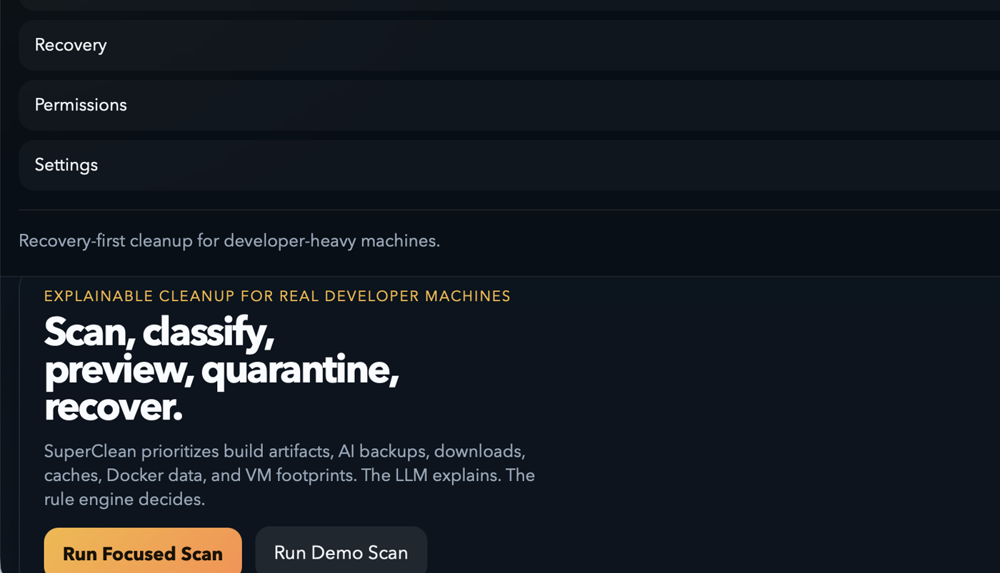 لقطة شاشة لمسار الفحص في SuperClean مع نصوص توضيحية وأزرار تنفيذ.